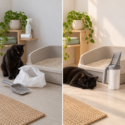 Pala de arena para gatos con depósito y bolsas
