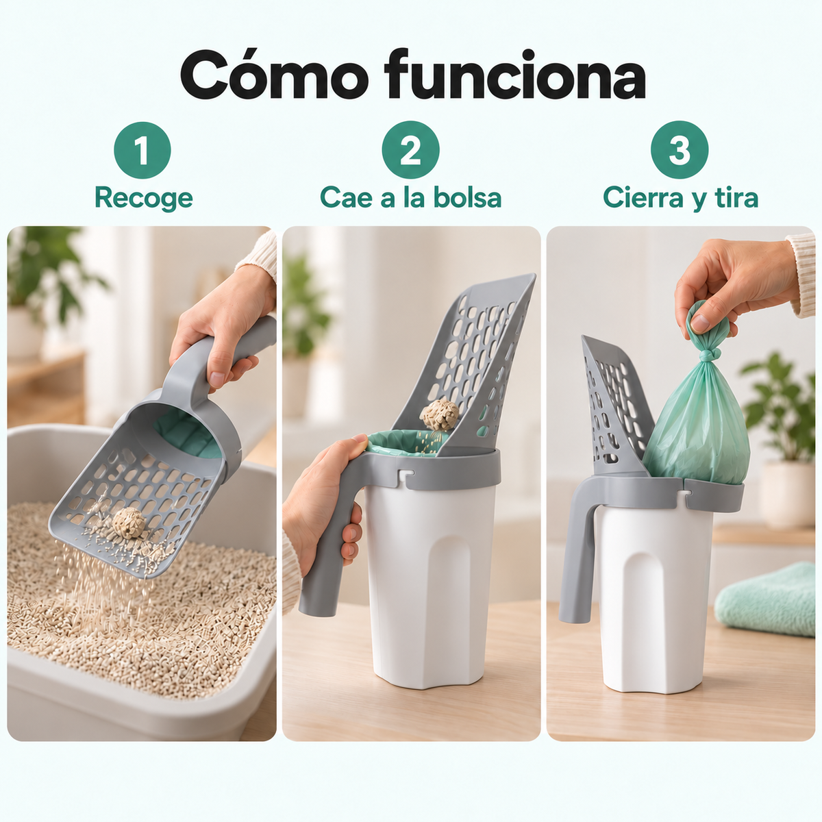 Pala de arena para gatos con depósito y bolsas